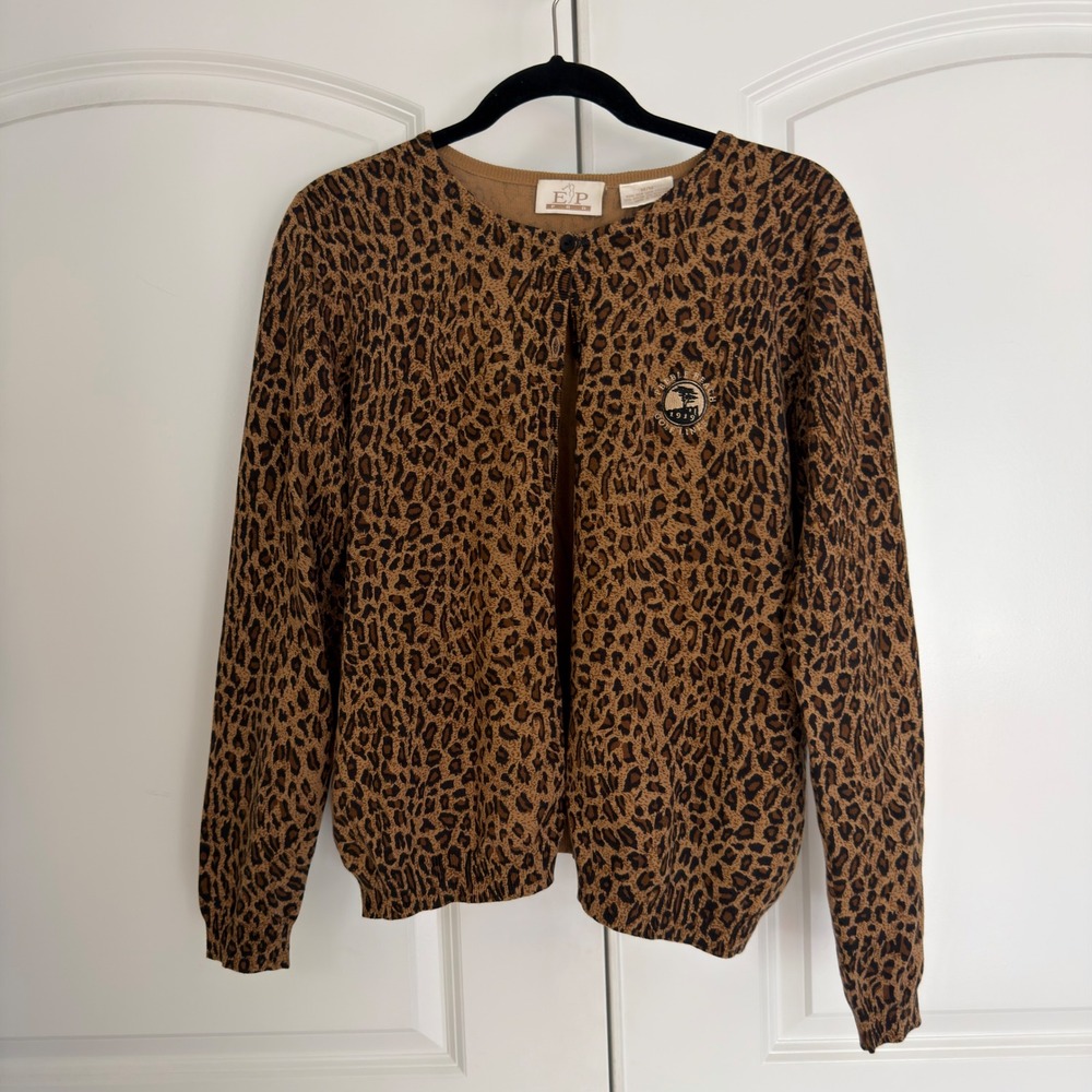 EP Pro Pebble Beach Golf Links Leopard Print Silk Blend Cardigan Sweater Brown M
